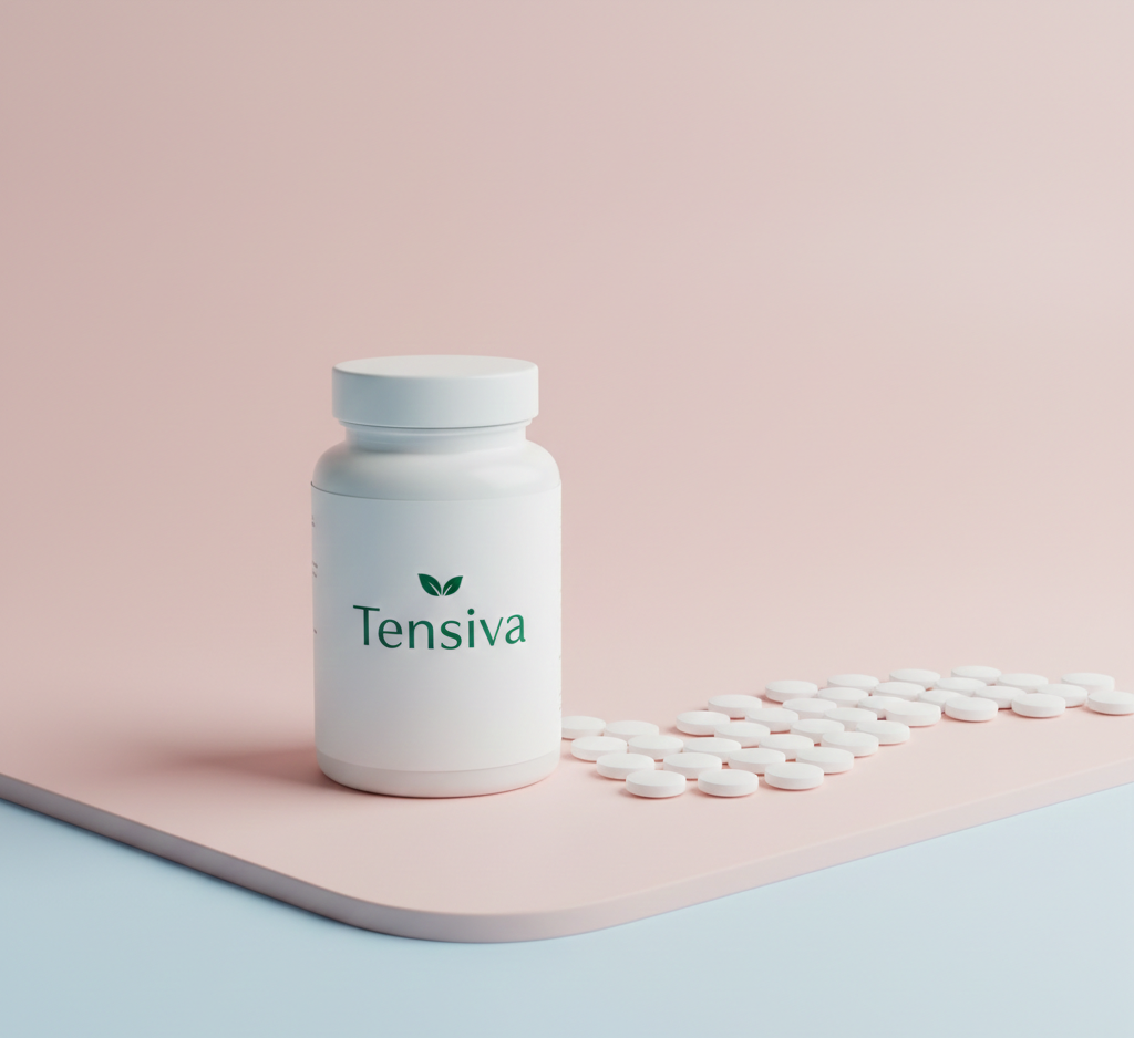 Упаковка Tensiva на нейтральному фоні - природний продукт для підтримки серцево-судинної системи з 30 капсулами, розроблений для м'якої дії та нормалізації артеріального тиску